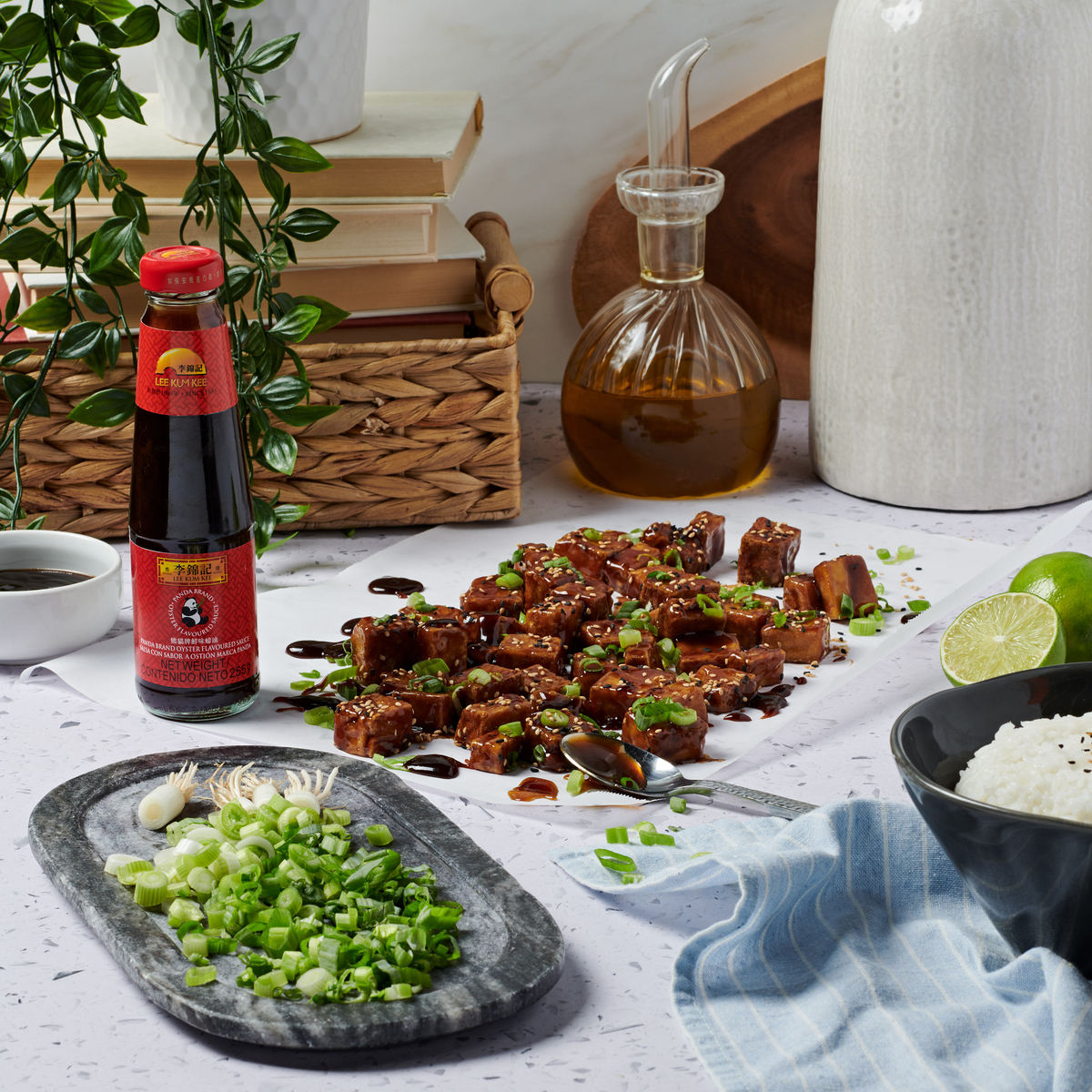 An air fried tofu recipe made with a glaze using Lee Kum Kee Oyster Sauce.