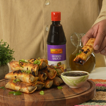 An air fryer egg rolls recipe with Lee Kum Kee Hoisin Sauce.
