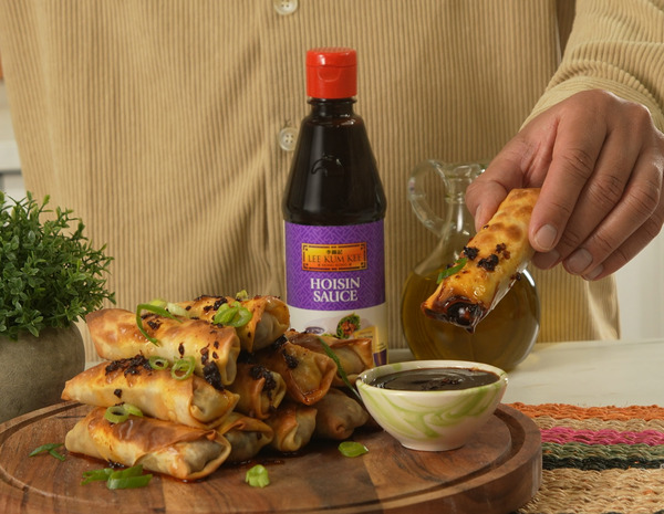 An air fryer egg rolls recipe with Lee Kum Kee Hoisin Sauce.