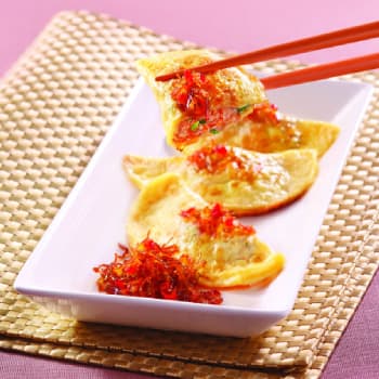 Pan Fried Egg Dumplings with XO Sauce