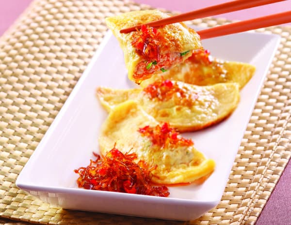 Pan Fried Egg Dumplings with XO Sauce