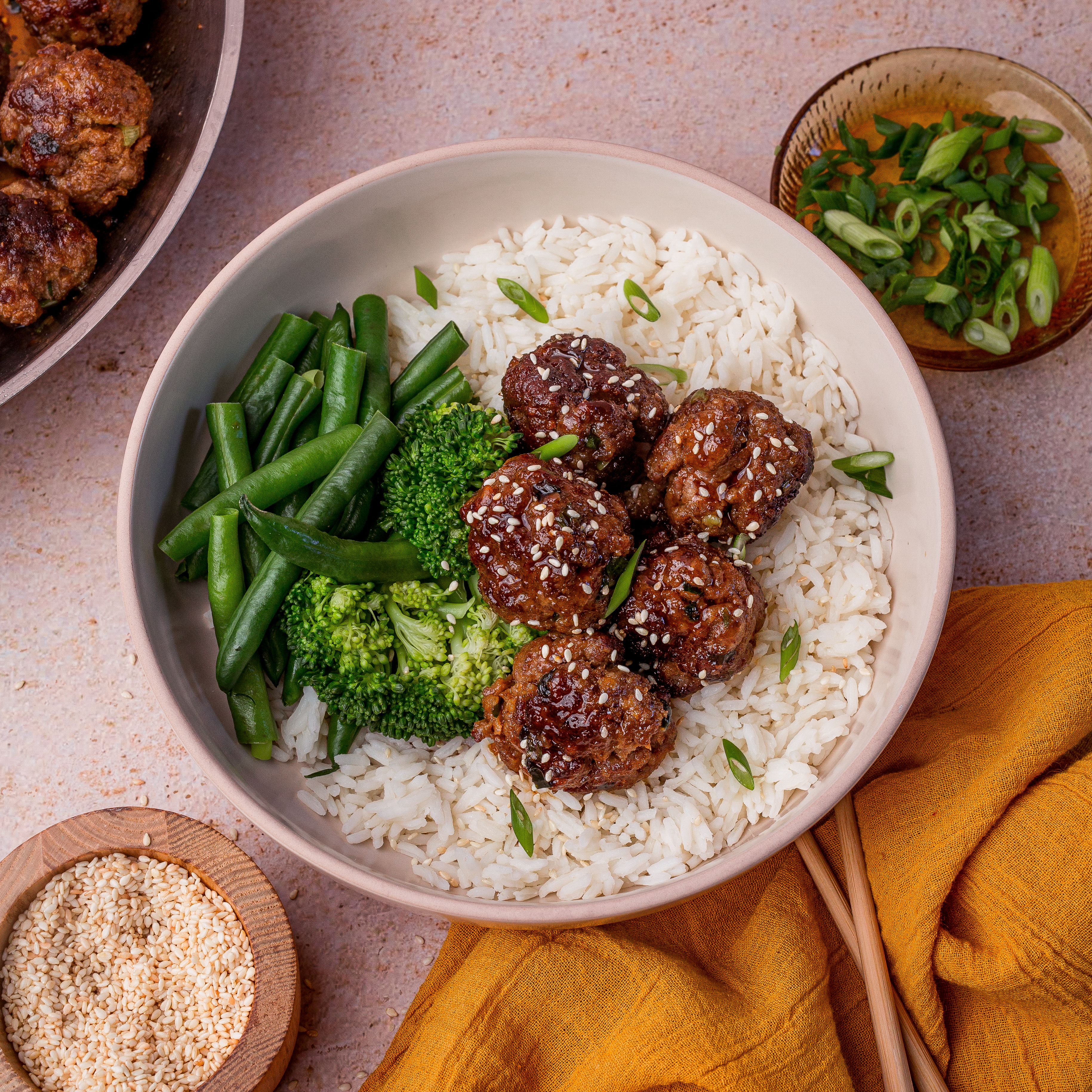 APPSoy and ginger beef meatballs with Rice  Greens4248