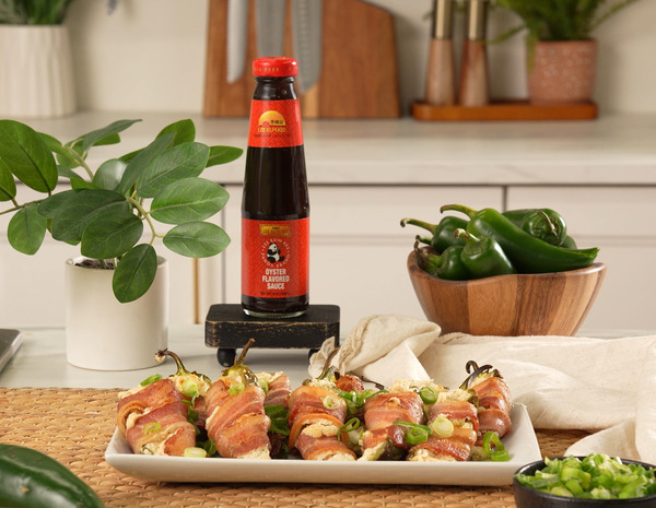 A bacon wrapped jalapeno poppers recipe seasoned with oyster sauce