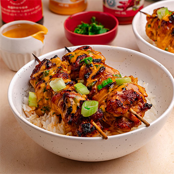 A bang bang chicken recipe for chicken skewers with Lee Kum Kee sauces.