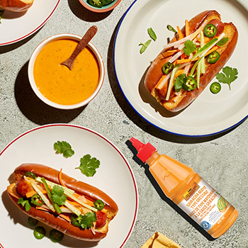 A Banh Mi Hot Dog recipe featuring Lee Kum Kee Sriracha Mayo.