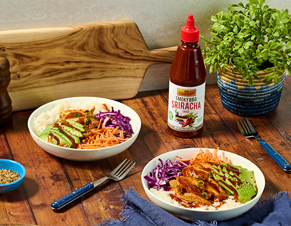 A BBQ Chicken bowl recipe made with smoky BBQ sriracha.