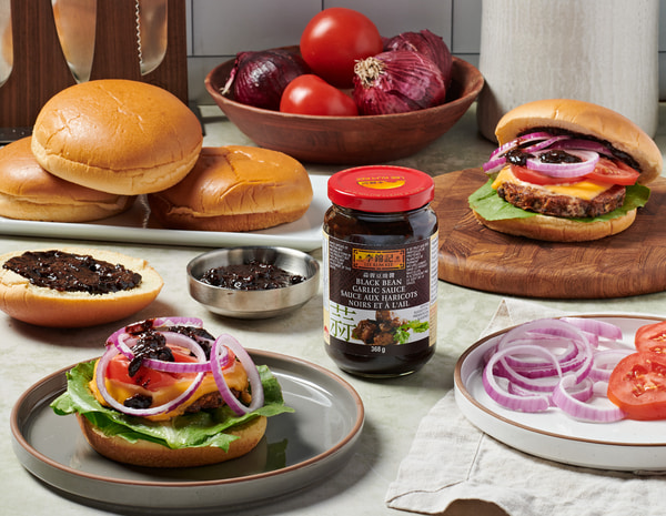 A black bean burger recipe made with Lee Kum Kee Black Bean Garlic Sauce.
