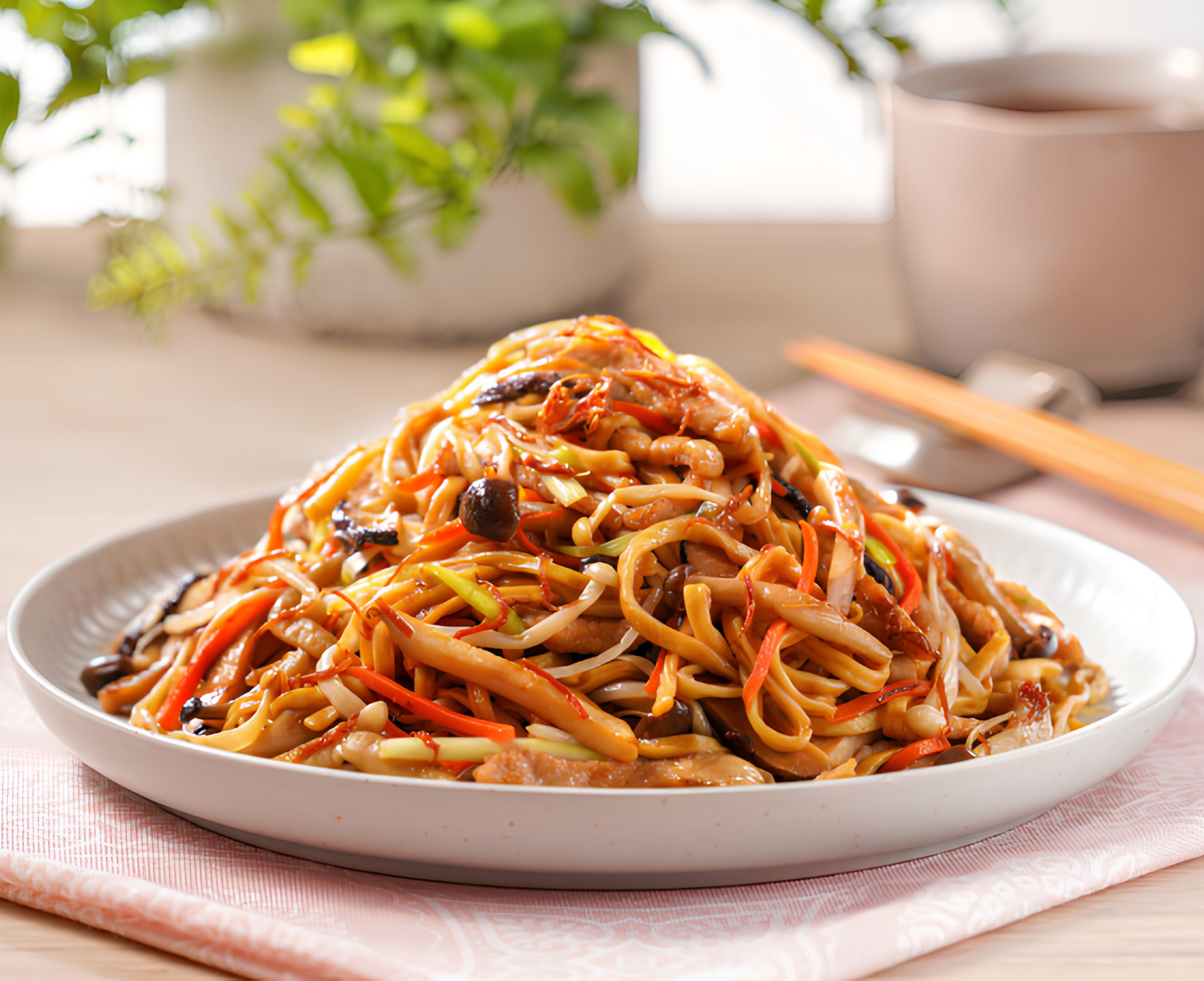 Braised E-fu Noodles with Mixed Mushrooms and Shredded Pork