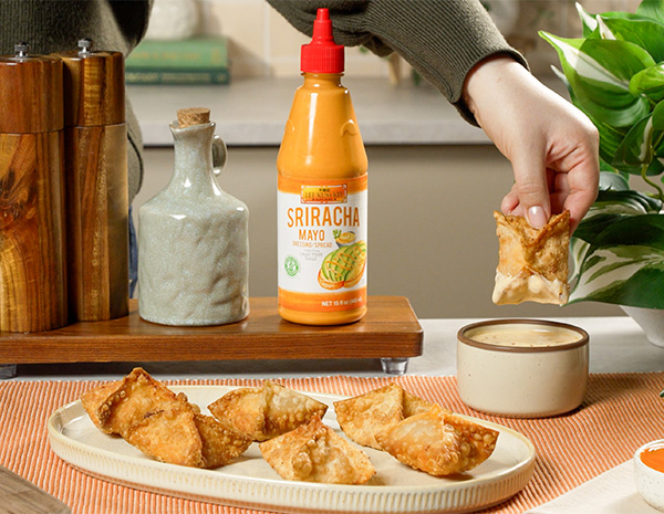 A buffalo chicken rangoons recipe with chili crisp ranch. 