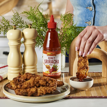 a buttermilk chicken tenders recipe with Lee Kum Kee Honey Sriracha for dipping.