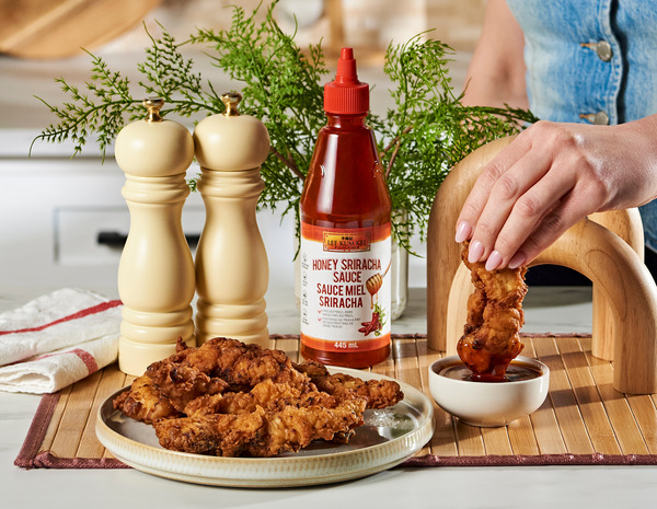 a buttermilk chicken tenders recipe with Lee Kum Kee Honey Sriracha for dipping.