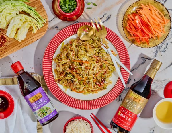 A cabbage stir fry recipe for Lunar New Year made with Lee Kum Kee Pure Sesame Oil.