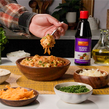 A mac and cheese recipe infused with hoisin caramelized onions.