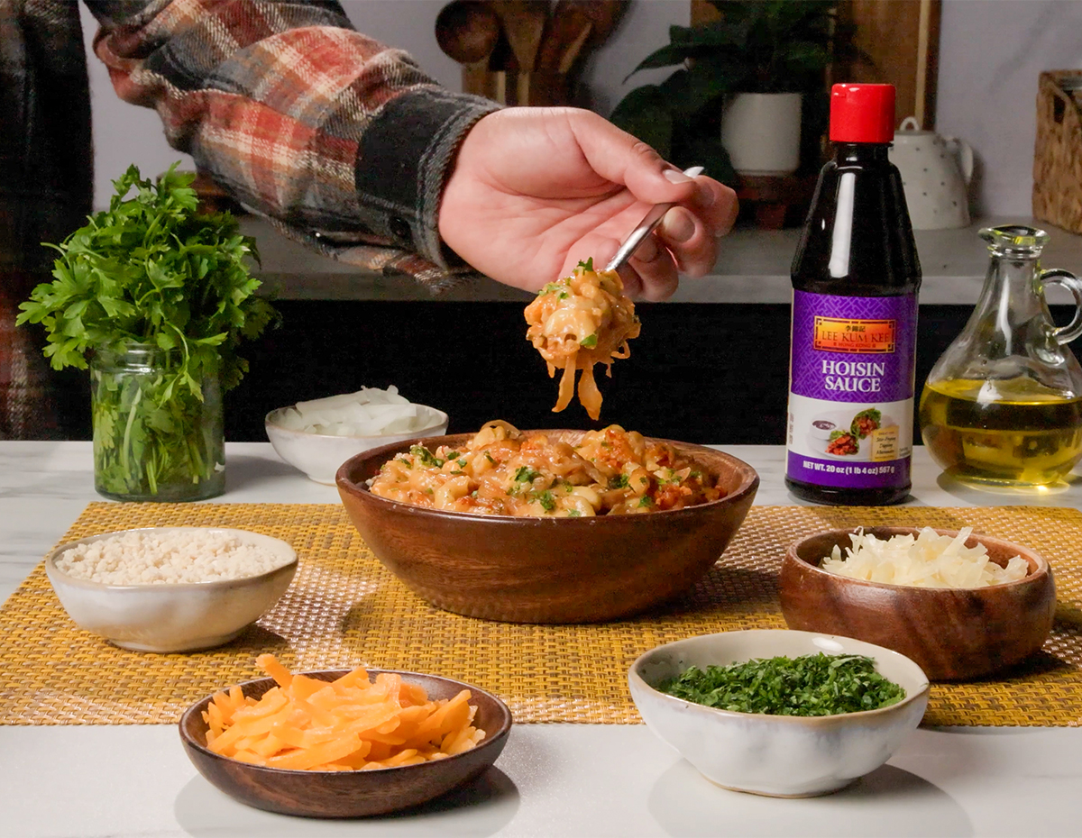 A mac and cheese recipe infused with hoisin caramelized onions.