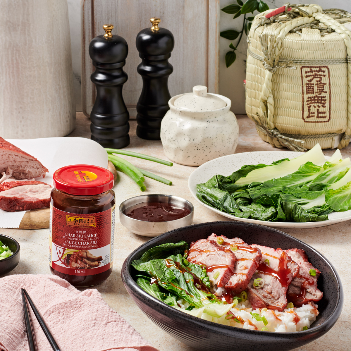 A char siu bbq pork recipe over rice made with Lee Kum Kee Char Siu Sauce.