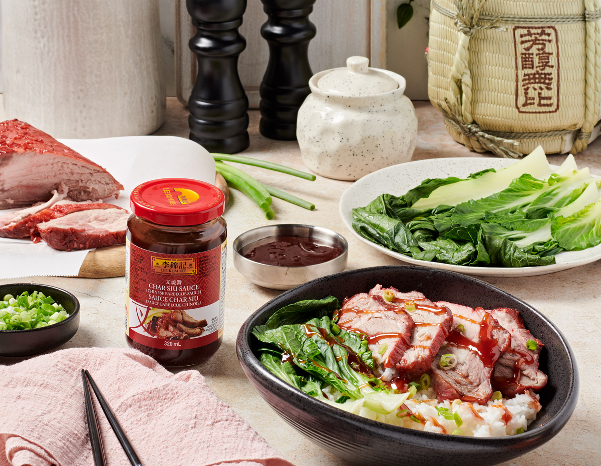 A char siu bbq pork recipe over rice made with Lee Kum Kee Char Siu Sauce.