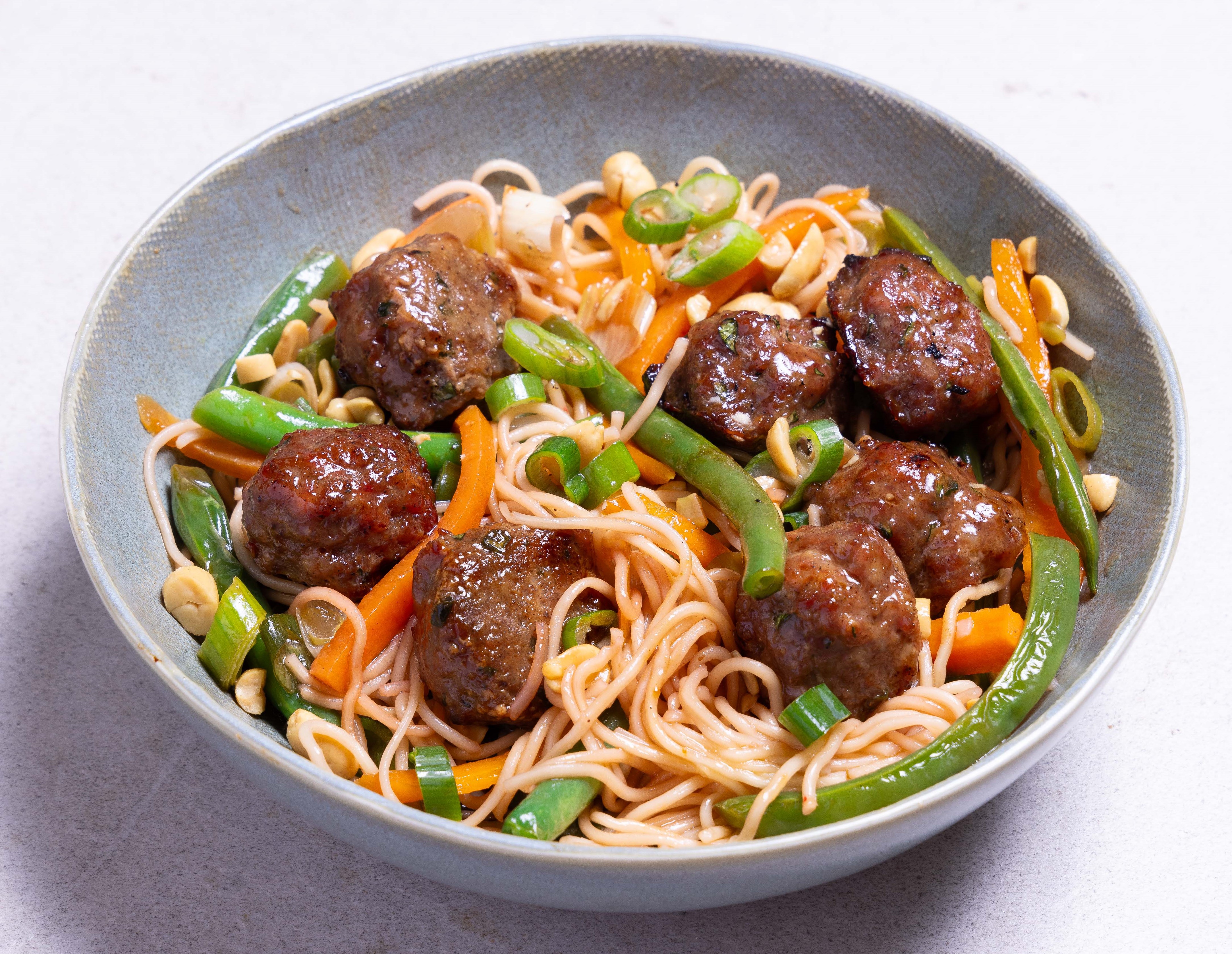 Char Siu Pork Meatball Noodle Bowls with Vegetables 600x465