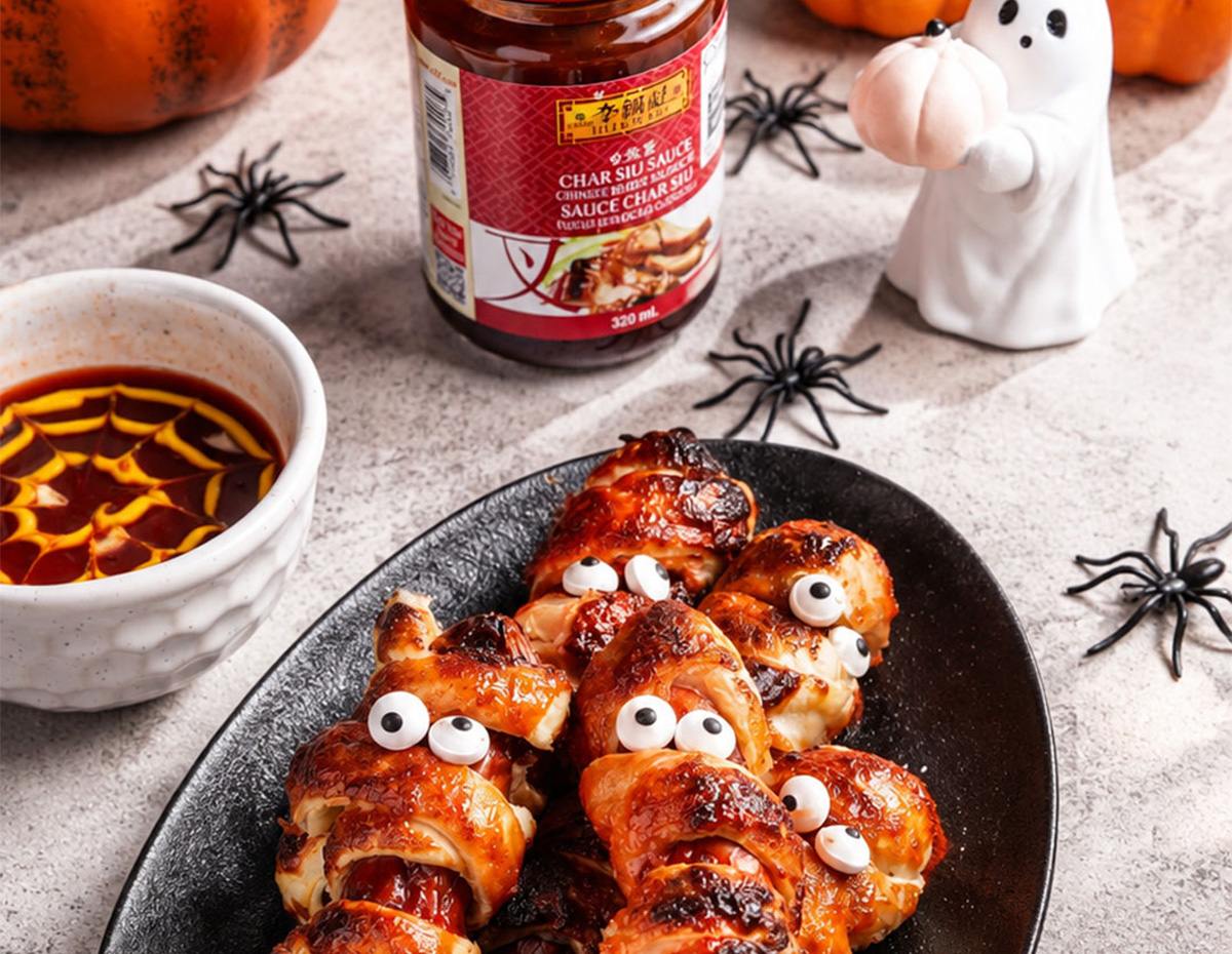 A sausage rolls recipe for Halloween flavored with Char Siu Sauce, served with a char siu "spider web dip".