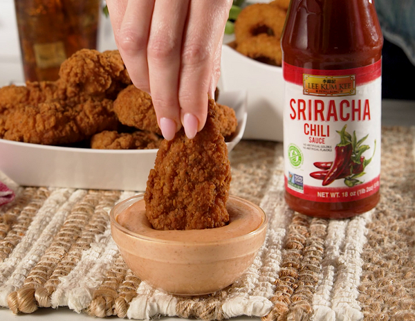 A recipe to create easy chicken finger dipping sauce with other dipping options like fries and onion rings, made with Lee Kum Kee Sriracha Chili Sauce