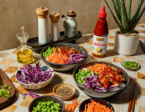 A chicken teriyaki bowl recipe with a spicy yuzu dressing.
