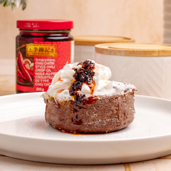 A spicy chocolate lava cake recipe with Lee Kum Kee chili crisp. 