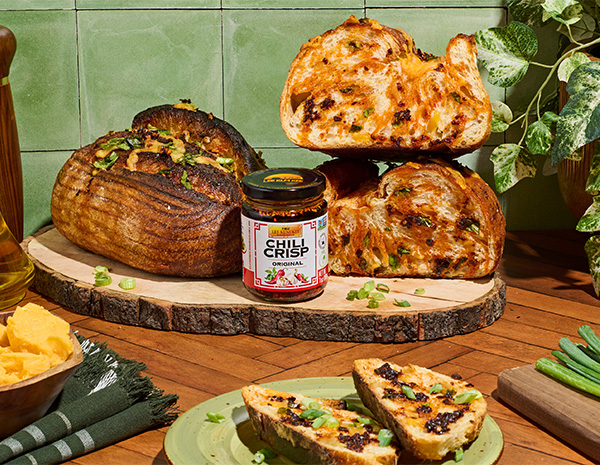 A sourdough recipe made with chili crisp, cheddar, and scallions.