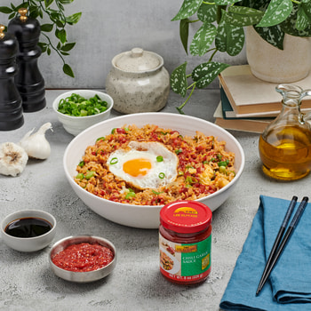 A simple chili garlic fried rice recipe with Lee Kum Kee Chili Garlic Sauce.