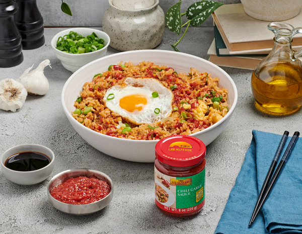 A simple chili garlic fried rice recipe with Lee Kum Kee Chili Garlic Sauce.