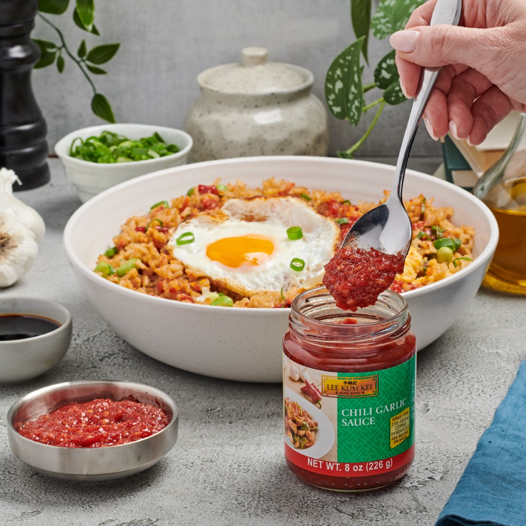 A bowl of fried rice made with Lee Kum Kee Chili Garlic Sauce.