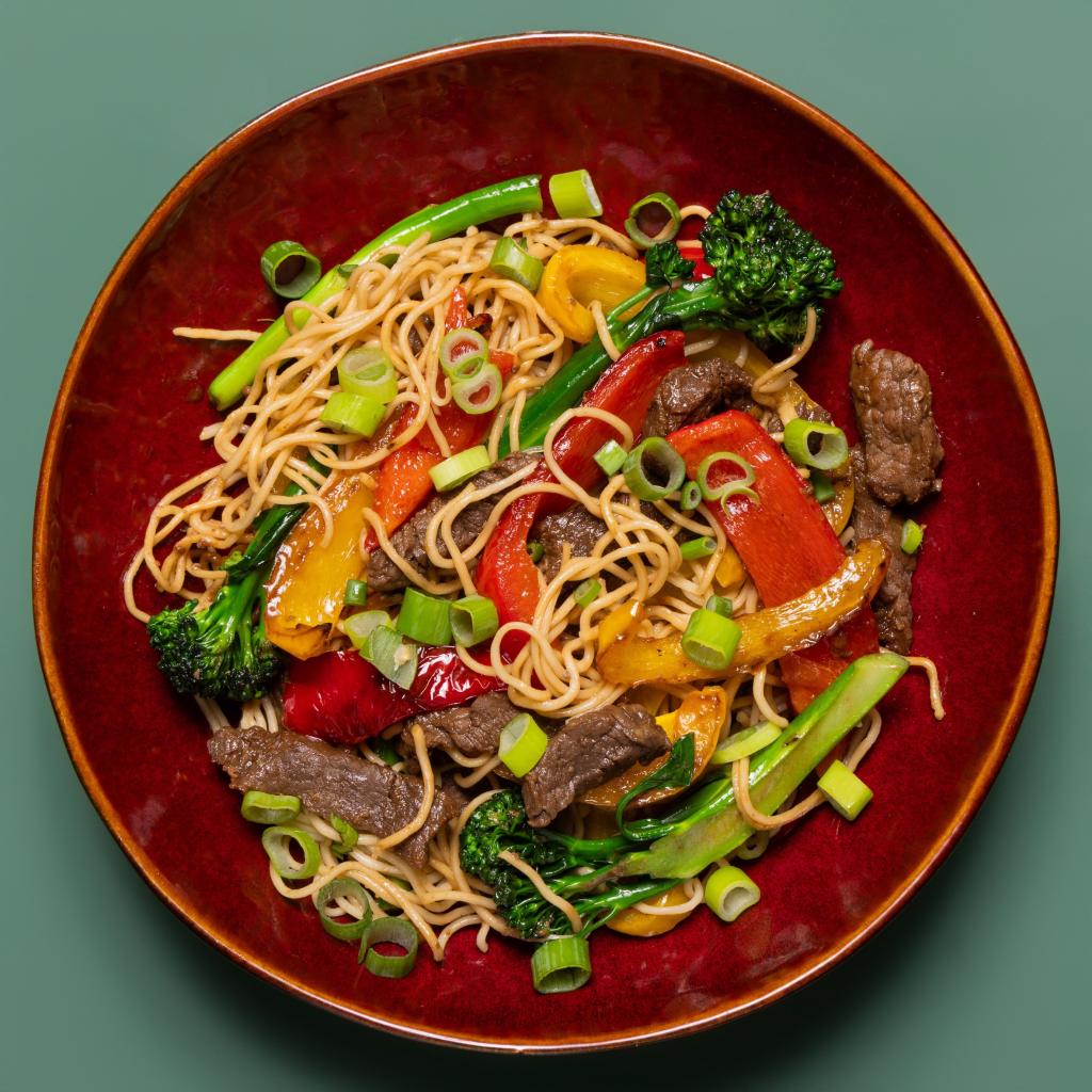 Chilli Soy Marinated Beef with Grilled Peppers and Noodles