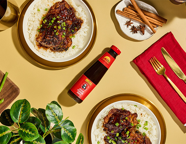 A plate of Hong Shao Ji, a Chinese red braised chicken recipe.