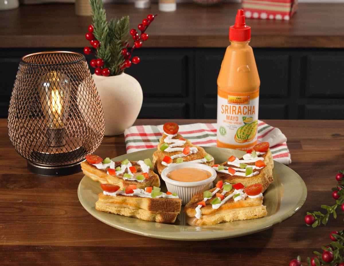 A grilled cheese Christmas Tree sandwich with some extra heat from Lee Kum Kee Sriracha Mayo.