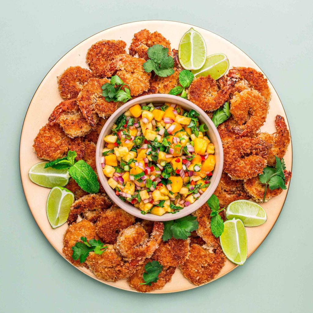 Coconut Crusted Prawns with Mango Pineapple  Chilli Salsa