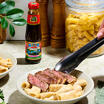 A creamy pasta recipe with an Asian steak marinade from Lee Kum Kee.