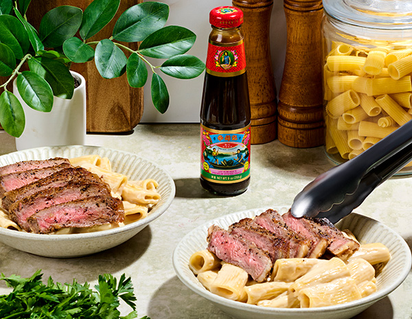 A creamy pasta recipe with an Asian steak marinade from Lee Kum Kee.