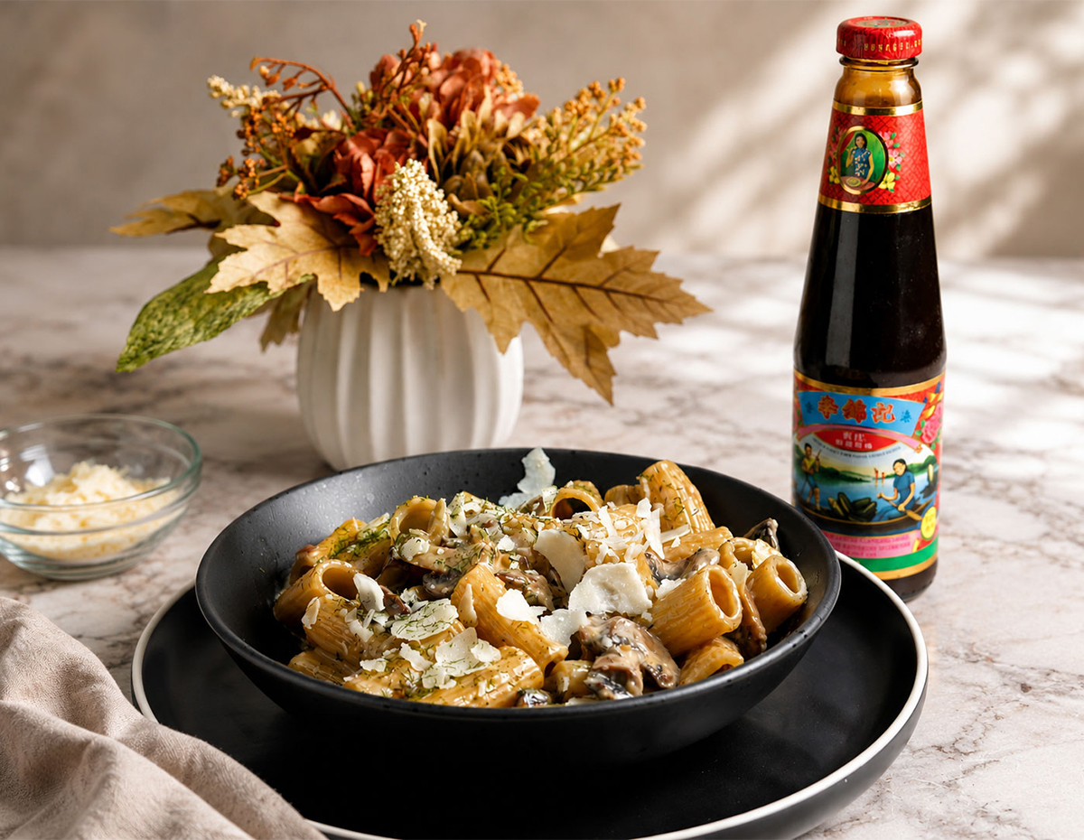 A creamy mushroom pasta recipe with a secret ingredient that boosts umami: oyster sauce.
