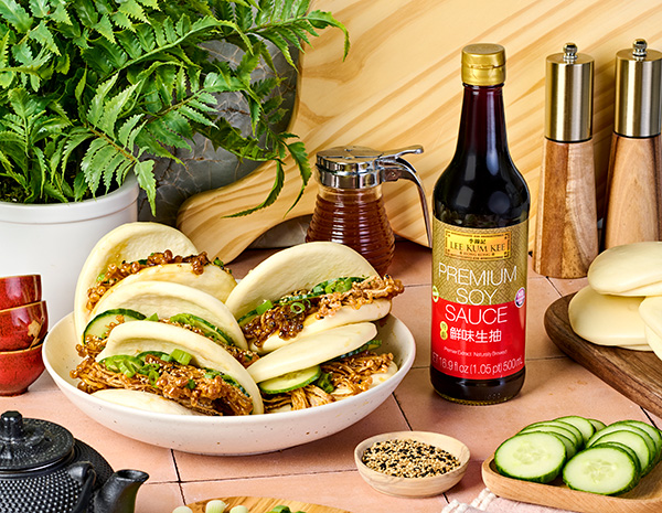 A crispy enoki mushroom recipe in a bao with a Lee Kum Kee soy sauce glaze.