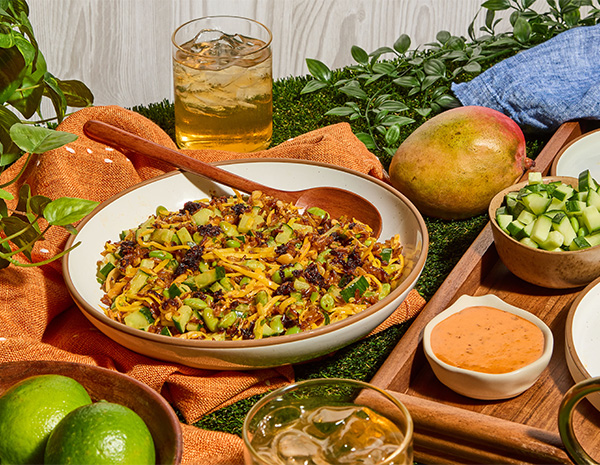 A crispy rice salad recipe drizzled with chili crisp mayo.