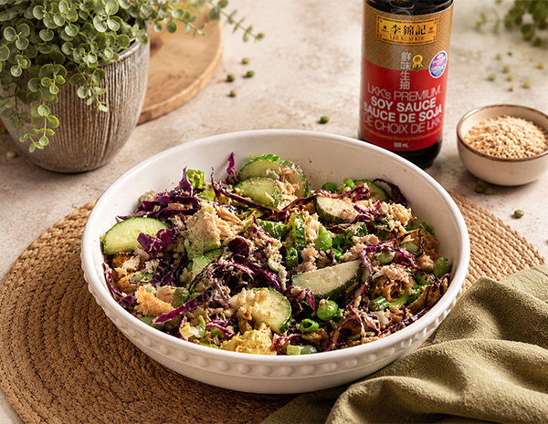 A crispy rice salad recipe loaded with Dungeness crab and a citrus-soy dressing.