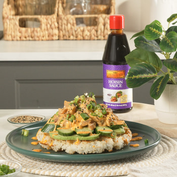 A crispy rice recipe for a sushi waffle made with Lee Kum Kee Sriracha Mayo and Hoisin.