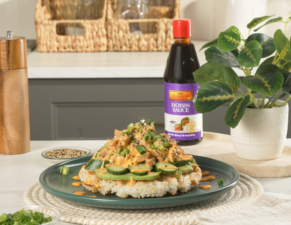 A crispy rice recipe for a sushi waffle made with Lee Kum Kee Sriracha Mayo and Hoisin.