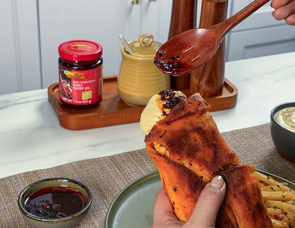 A crispy shawarma recipe brushed with chili crisp oil for extra layers of complex heat.