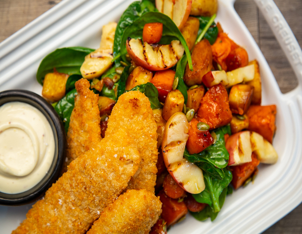 Crumbed Fish with Roast Vegetable  Apple Salad 600x465