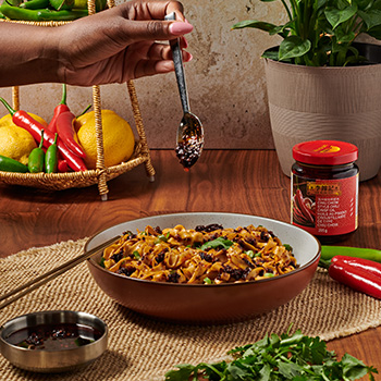 An easy chili garlic noodles recipe made with Lee Kum Kee Chili Crisp OIl.