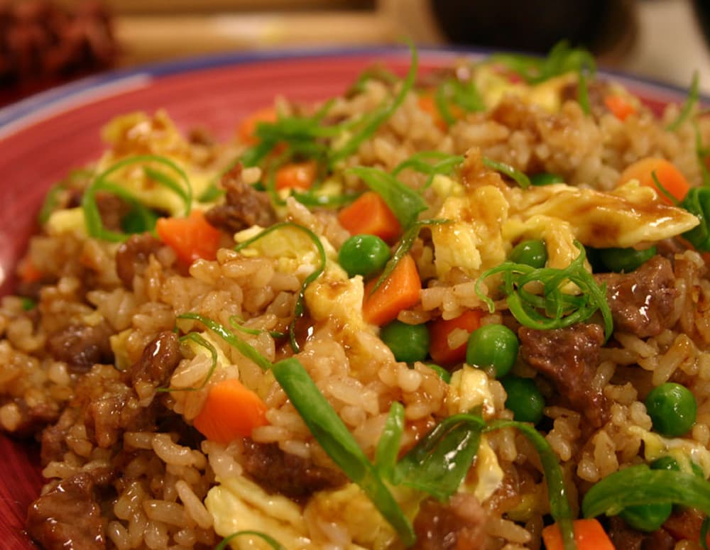 Close-up shot of Beef Fried Rice with Oyster Sauce in a bowl