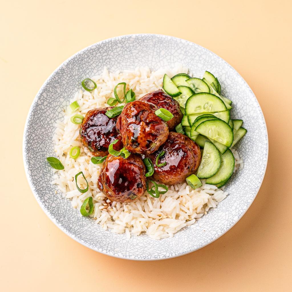 FiveSpice Chicken Meatballs with Sesame Rice  Pickled Cucumber
