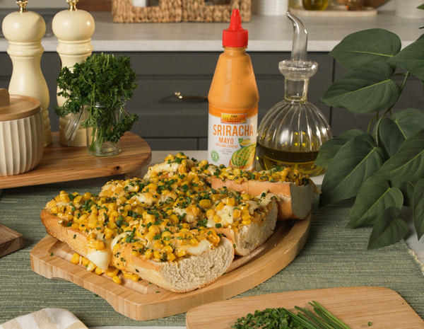 A garlic bread recipe with Korean Corn Cheese and Lee Kum Kee Sriracha Mayo.