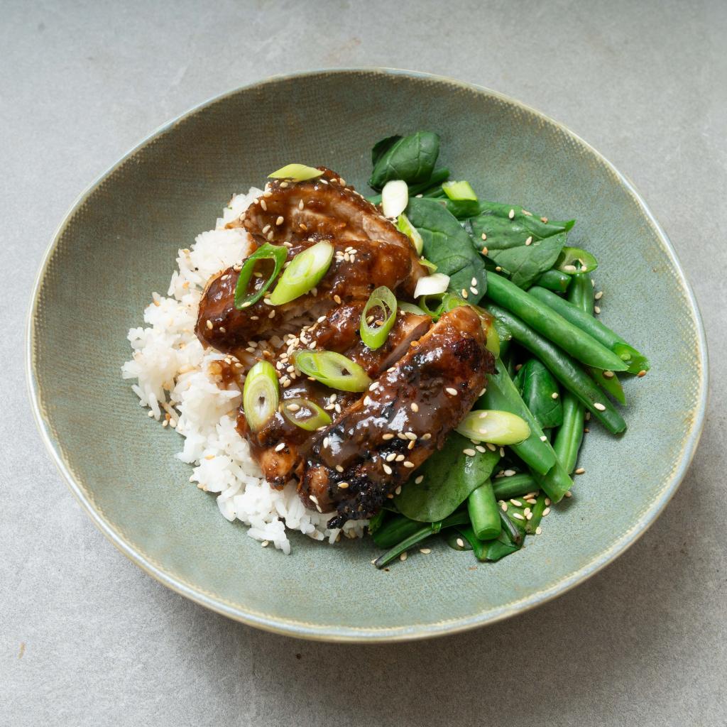 Garlic Ginger  Soy Chicken with Greens and Jasmine Rice
