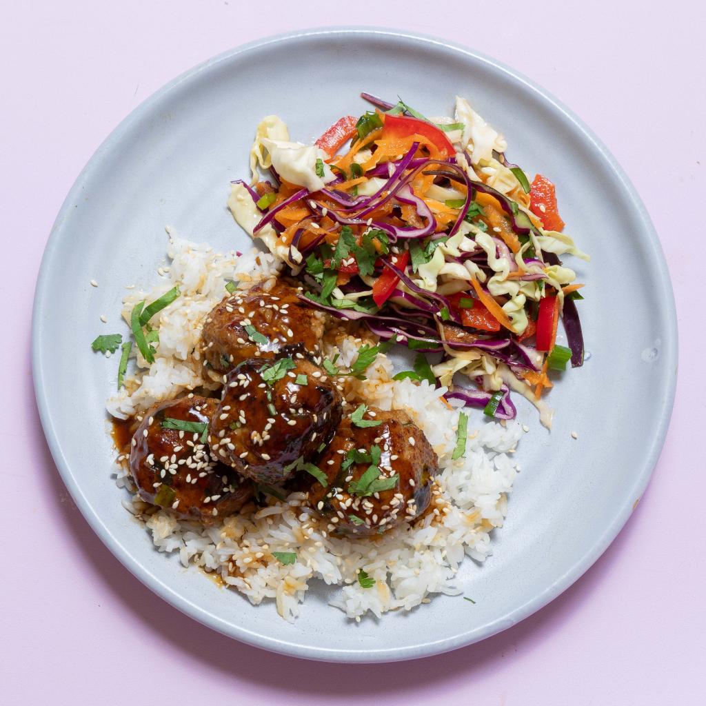 Glazed Meatballs with Asian Slaw