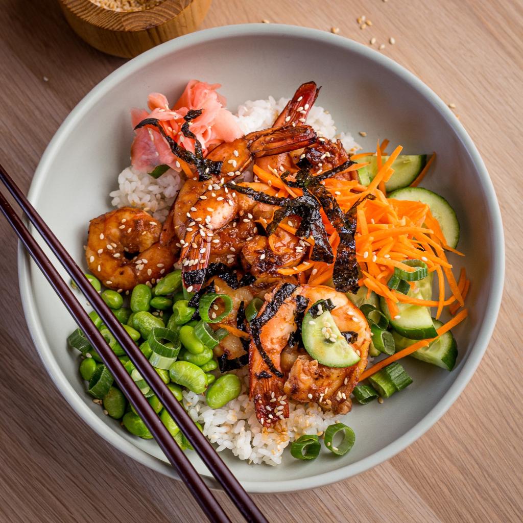 Glazed Prawn Donburri with Spring Onion and Pickled Ginger